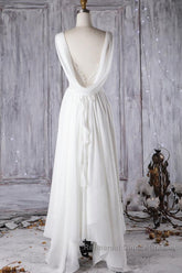 Affordable A-line Asymmetric Lace Chiffon Open Back Wedding Dresses